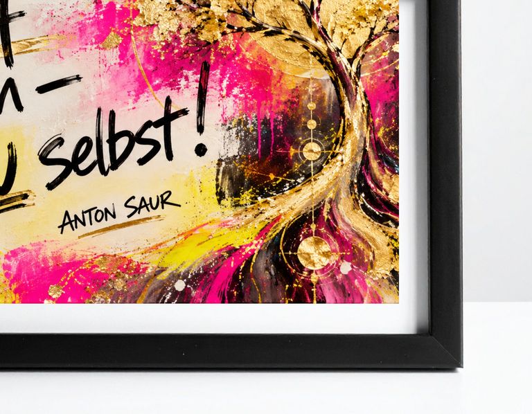 Detail eines farbenfrohen Gemäldes mit Goldakzenten und dem Text "selbst!" sowie der Signatur "Anton Saur" im schwarzen Bilderrahmen.